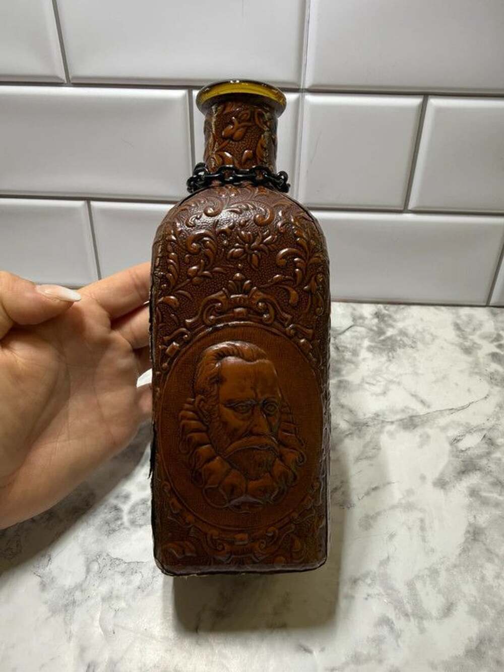 Vintage Spanish El Quijote de la Mancha Embossed Leather Decanter Bottle